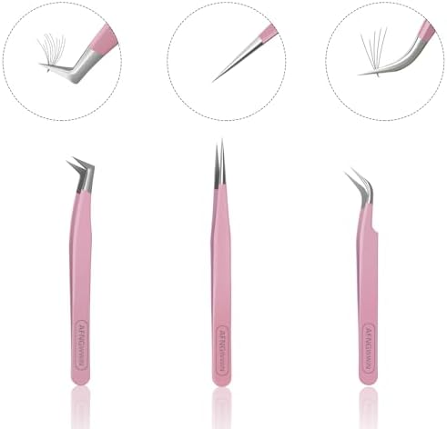 Pack of 3 Lash Tweezers for Eyelash Extensions,Professional Stainless Steel Tweezers For Eyelash Extension | Straight and Curved Tip Eyelash Tweezers (Light Pink)