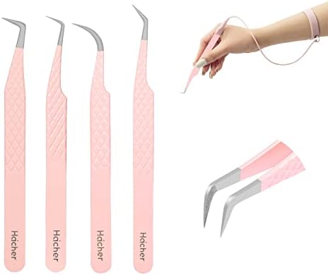 HAICHER Fiber Tip Grip Lash Tweezers for Eyelash Extensions, Set of 4 Pcs Volume Boot 90 Degree Tweezers Eyelash Extension, Lash Tech Tweezers & Tweezer Wristbands (Pink)