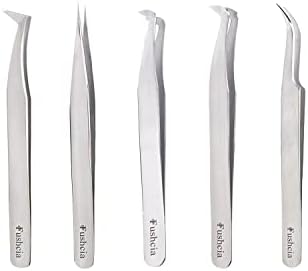 Fushcia 5 Pcs Stainless Steel Lash Tweezers - Eyelash Extension Tweezers for Removing Ingrown Facial Hair – Straight Curved Shape Ingrown Hair Tweezers Set – Eyelash Applicator Tool