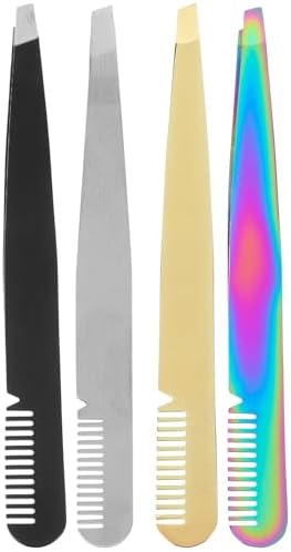 Facial Hair Tweezers Eyebrow Tweezers Slanted, Eyebrow Tweezers with Comb Stainless Steel Slanted Tip Tweezers Precision Tweezers Set Small Tweezers