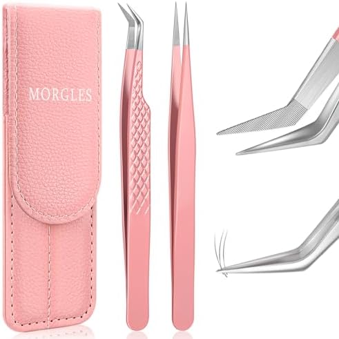 MORGLES Lash Extension Tweezers, Fiber Tip Tweezers for Eyelash Extensions for Volume Lashes with Bag, Stainless Steel