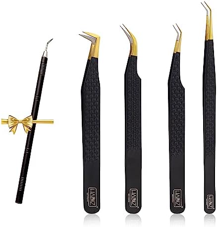 HADIZ Set of 4 Fiber Tip Diamond Grip Eyelash Extensions Tweezers Japanese Stainless Steel Lash Tweezer (Black)