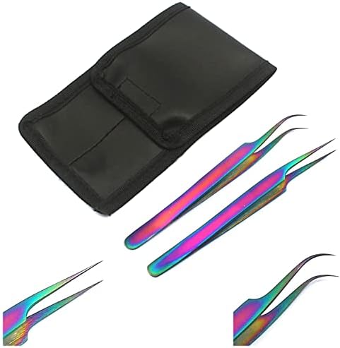 SET OF 2 Stainless Steel Multi Titanium Rainbow Color 3D Eyelash Extension Tweezers Pro Straight + Strong Curved Fine Point (ODM)