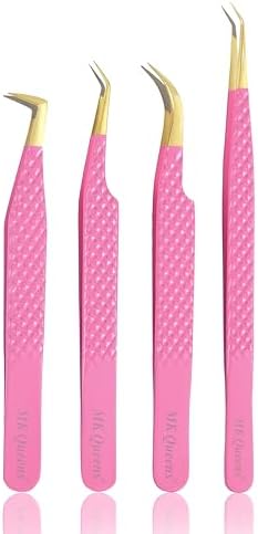 MK Queens Lash Tweezers - Stainless Steel Fiber Tip Eyelash Tweezers (Set of 4) - Diamond Grip Professional Lash Tweezers for Eyelash Extensions (Pink)