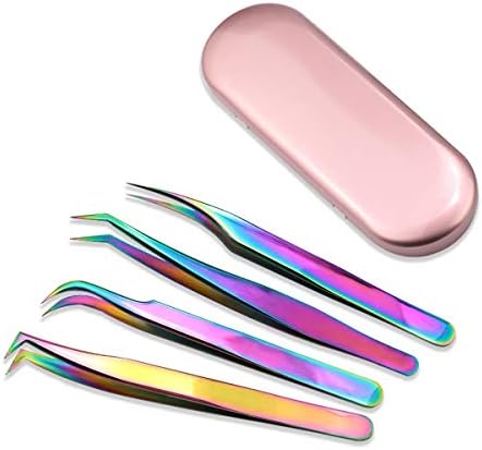 Nibiru Eyelash Extension Tweezers Set, 4 PCS Stainless Steel Curved Tip Precision Tweezers Anti-static Professional Makeup Tool (4pcs, Rainbow)