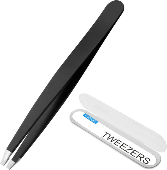 Stainless Steel Tweezers for Eyebrows-Flat Tweezer with Case for Women&Man,Great Precision on Brow,Facial Hair and Ingrown Hair Removal(Black)