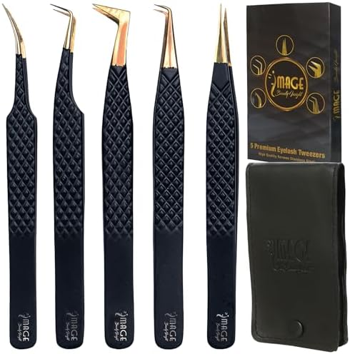 Image Lash Tweezers Set, 5 Pcs Stainless Steel Tweezer Set with Leather Case, Professional Eyelash Tweezers for Extensions with Titanium Coated Tips, Eyelash extension tweezers (Matt-Black)