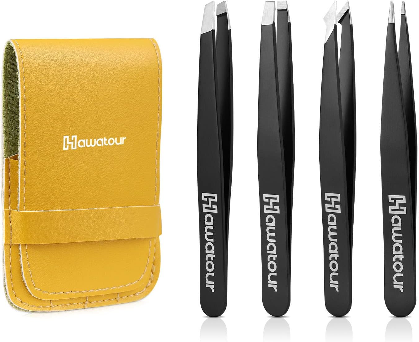 HAWATOUR Tweezers Set, 4Pcs Eyebrows Tweezers with Leather Case for Women and Men, Great Precision for Eyebrow, Ingrown Hair, Splinter, Facial Hair Removal, Black