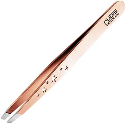 Rubis Classic 6-Star Stainless Steel Slanted Tweezers for Precise Eyebrows and Hair Removal, 1K103CTRED, Red Gold, The Gold Collection,Rubis Switzerland Swiss Made World Renowned Precision