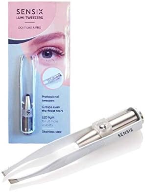Sensica Lumi Tweezers – Precision Tweezers With Light For Men And Women. Slant Tip With Point For A Professional Tweezing Experience [eyebrows, Nose, Lip, Hair Removal] Led Light Stainless Steel