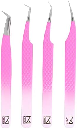 M LASH Eyelash Extension Tweezers (Set of 4) - Professional & Precision Lash Tweezers for Eyelash Extensions - Japanese Steel, Diamond Grip, Fiber Tip V3 (Ombre)