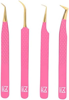 M LASH Eyelash Extension Tweezers (Set of 4) - Professional & Precision Lash Tweezers for Eyelash Extensions - Japanese Steel, Diamond Grip, Fiber Tip for Stunning Results (Pink)