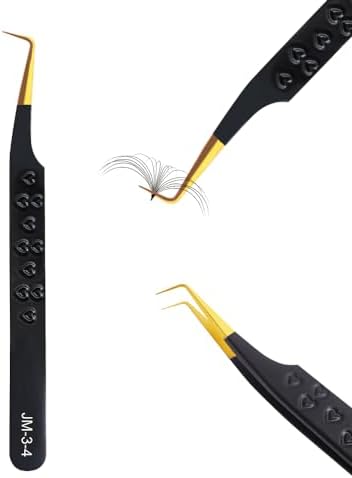 M J JoMay Lash Tweezers for Eyelash Extensions 90 Degree Tweezers Eyelash Extensions Tweezers Anti-slip Anti-static Professional Super Strong Grip Stainless Steel Volume Tweezer (black golden)