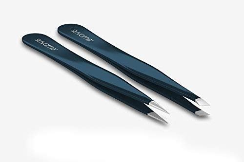 Suvorna 4" Precision Aligned Professional Tweezers Color Sets with Premium Stainless Steel. One Sharp Pointed Pair and One Slant Tip Pair for Eyebrow Shaping. Great for Ingrown Hair (Green)