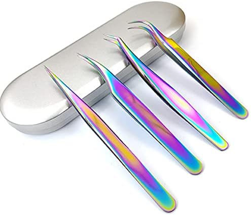 Fastbird Eyelash Extension Tweezers 4 PCS with Storage Case, Stainless Steel Rainbow Colored Tweezers for Lash Extension Supplies Kit