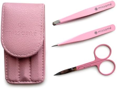 Precision Stainless Steel Eyebrow Tweezers Set In Pointed And Slanted Tip, Curved Brow Scissors, Comes With Pink Travel Case