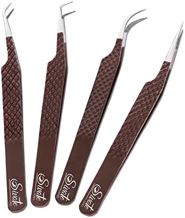 SIVOTE Lash Extension Tweezers Fiber Tips, Set of 4, Curved, Dolphin, 90 Degree & 45 Degree Tweezer, Chocolate