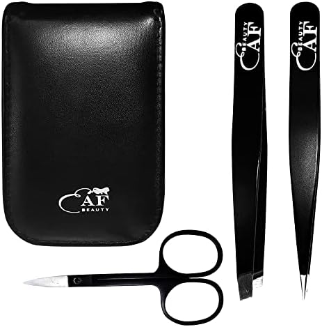 EAF Beauty eyebrow tweezer set, best grooming hair remover, heavy duty craft tweezers, sharp tweezers, and brow tweezers. fine point tweezers, with travel case (black)