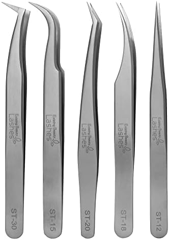 Existing Beauty Eyelash Extension Tweezers - 5 PCS of Lash DIY Precision Set, Curved Volume Lash Tweezers - Cluster Application and Removal of Eye Lashes Extensions Stainless Steel