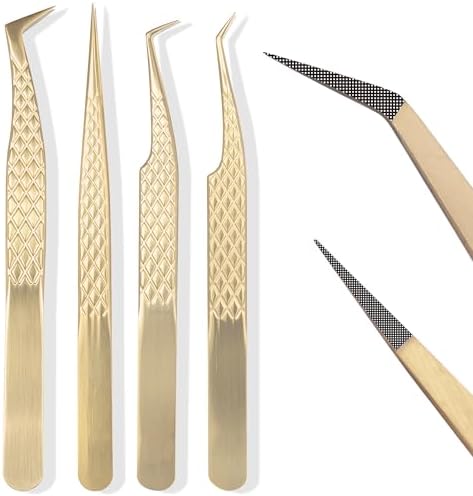 Fiber Tip Lash Tweezers For Eyelash Extension 4 Pcs Tweezers Professional Artist Tech Work Kit Tools,Best Volume Eyelash Lashes Extensions Precision Supplies Volume Boot 90 45 Degree(Gold)
