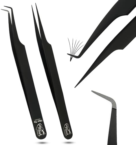 My Lash Tools Fiber Tip Lash Tweezers for Eyelash Extension Curved 90 Degree Angle Boot Tweezer Best for Volume, Individual Isolation & Classic Lashes Stainless Steel Lash Supply (Black 2x Set)