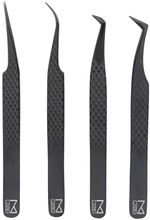M LASH Eyelash Extension Tweezers (Set of 4) - Professional & Precision Lash Tweezers for Eyelash Extensions - Japanese Steel, Diamond Grip, Fiber Tip for Stunning Results (Black)
