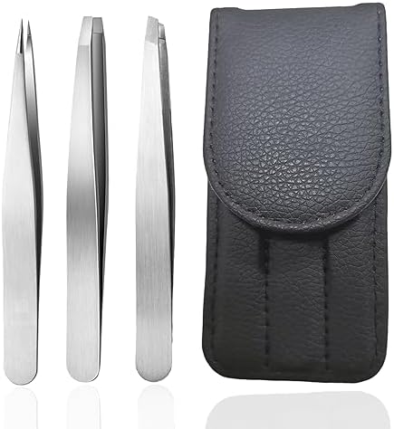 Hysotok Tweezer Set 3 Pack with Travel Case, Professional Stainless Steel Tweezers for Men and Women, Eyebrow Tweezers for Facial Hair, Chin, and Ingrown Hair Removal (Silvery)
