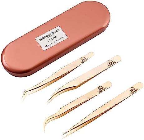 Q&D LASH Tweezers for Eyelash Extensions Tweezers Set of 4 with Box Stainless Steel Straight and Curved Tweezers Tweezers Kits for Jewelry Nail Work 4Pcs