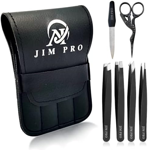 JIM PRO 6 Pcs Eyebrows Tweezer Kit - Eyebrow Plucking Set - Nail Care Set - 4 Types Hair Plucking Tweezers, 1 Fancy Cuticle Scissor and 1 Nail File, 100% Stainless Steel - Black Leather Packaging