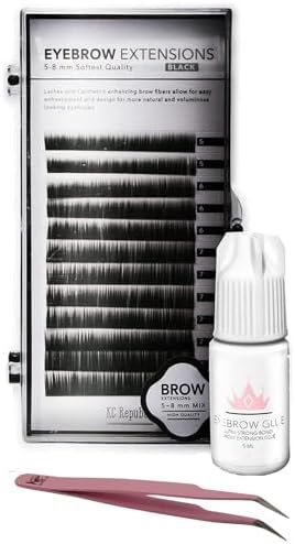 Eyebrow Extensions Kit with 1 x Trays of Mink Eyebrows in Black Comes on Mixed Length Trays 5-8 Mm Mix, Eyebrow Extension Glue Clear & Extension Tweezers (Black, Pink Tweezer)