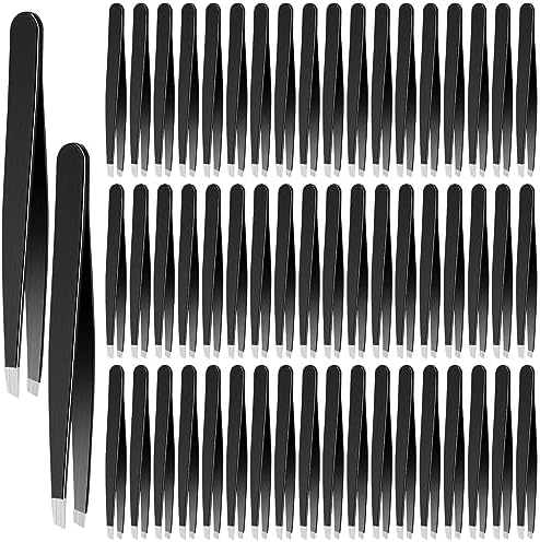 Lasnten 64 Pieces Eyebrow Tweezers for Women Men Slanted Precision Tweezers Stainless Steel Tweezers Facial Hair Removal Ingrown Hair Eyelash Extension Plucking Blackhead(Black)