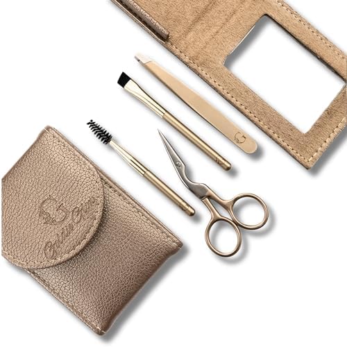 Professional Tweezer Set with Eyebrow Make Up Brush - Eyebrow Trimmer Scissors - Eyebrow Spoolie- Slant Tip Tweezer with 7X Magnifying Mirror - Tweezers for Women Facial Hair For Ingrown Hair Removal