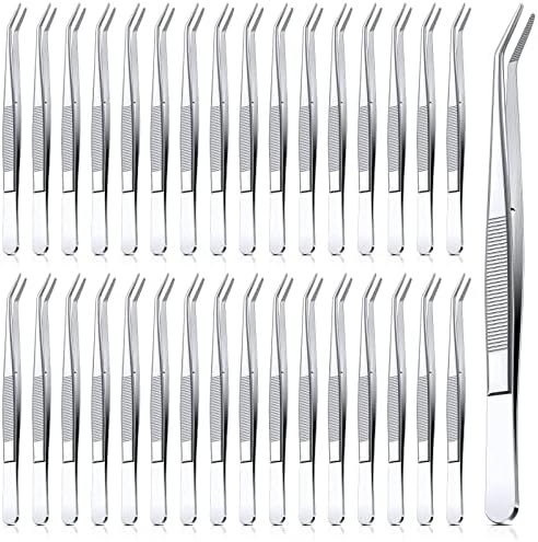 Stainless Steel Tweezers with Curved Serrated Tip Multipurpose Tweezers Sewing Machine Tweezers Forceps Tweezers for Craft, Silver (32)