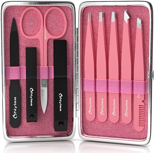 Nylea Professional Tweezers Set and Nail Clippers for Men and Women [Perfect Alignment/Grip] Best Precision Stainless Steel Kit for Ingrown Hair Eyebrows Facial Hair Splinter and Eyelashes (Pink)