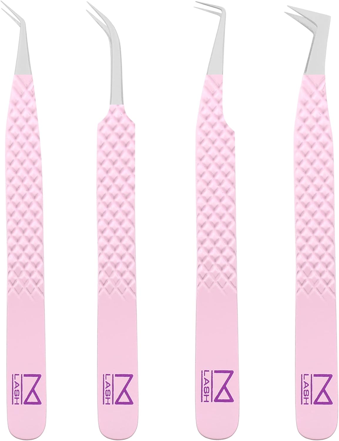 M LASH Eyelash Extension Tweezers (Set of 4) - Professional & Precision Lash Tweezers for Eyelash Extensions - Japanese Steel, Diamond Grip, Fiber Tip for Stunning Results (Lilac)