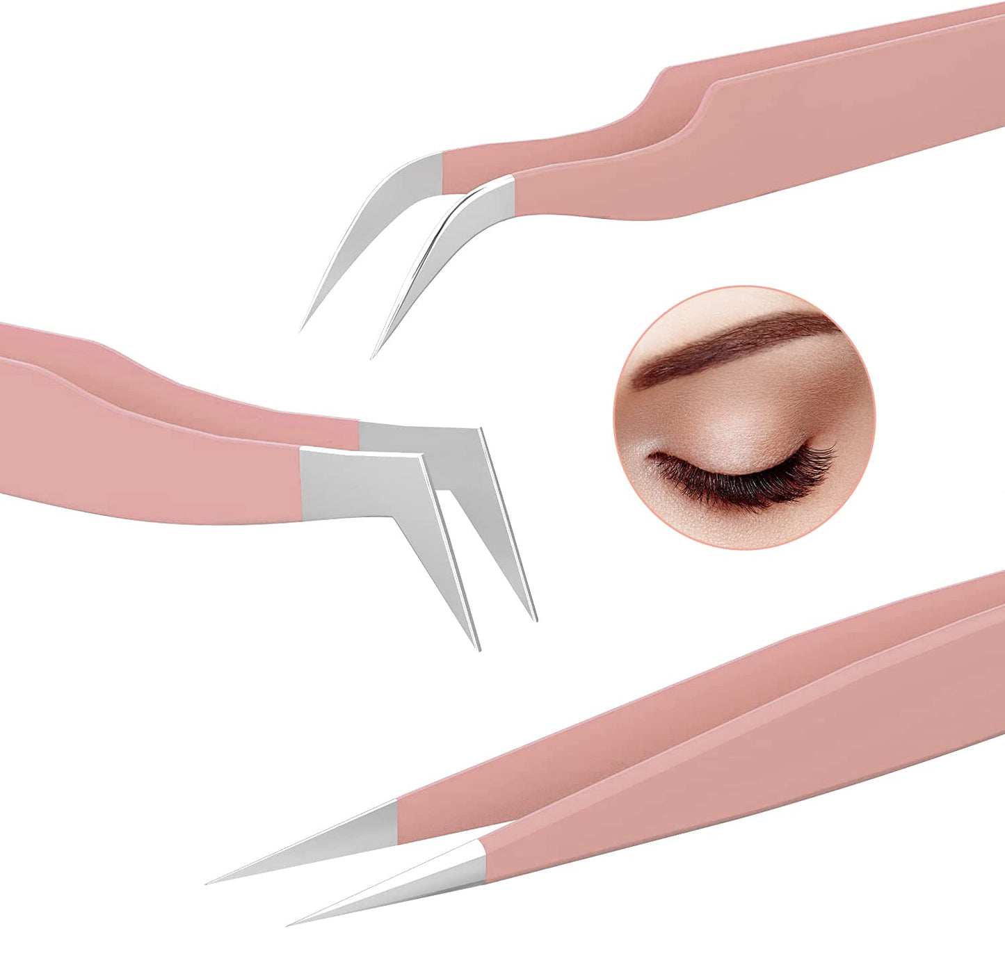 LANKIZ Eyelash Extension Tweezers Set 3 PCS for Volume Lash Extensions,High Precision Stainless Steel Lash Tweezers for Classic Individual Eyelash Extensions-Rose Gold