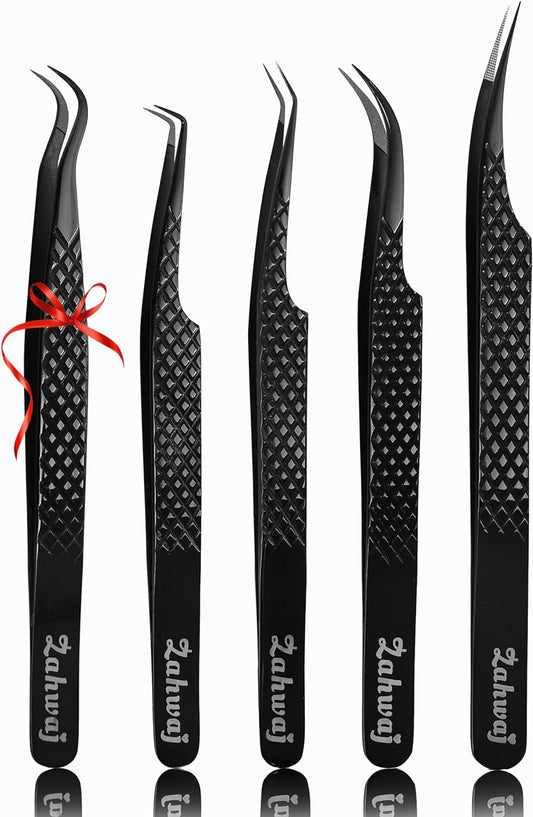 Lash Tweezers - Set of 5 Fiber Tip Eyelash Tweezers - Stainless Steel Eyelash Extension Tweezers - Diamond Grip Professional Lash Tweezers for Eyelash Extensions (Black)