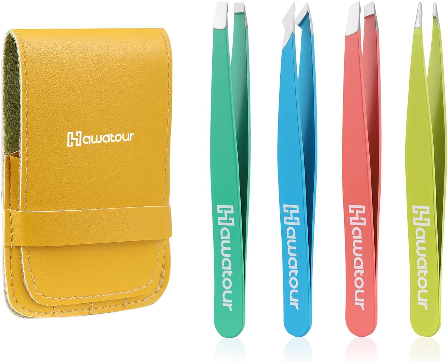 HAWATOUR Tweezers Set, 4Pcs Eyebrows Tweezers with Leather Case for Women and Men, Great Precision for Eyebrow, Ingrown Hair, Splinter, Facial Hair Removal, Multicolored